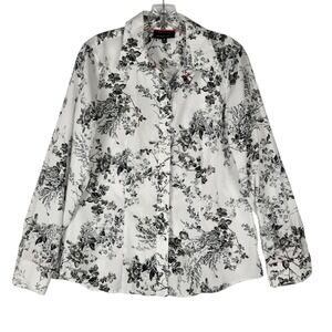 Foxcroft Wrinkle Free Shirt Women's 10 Black White Pink Floral Button Front